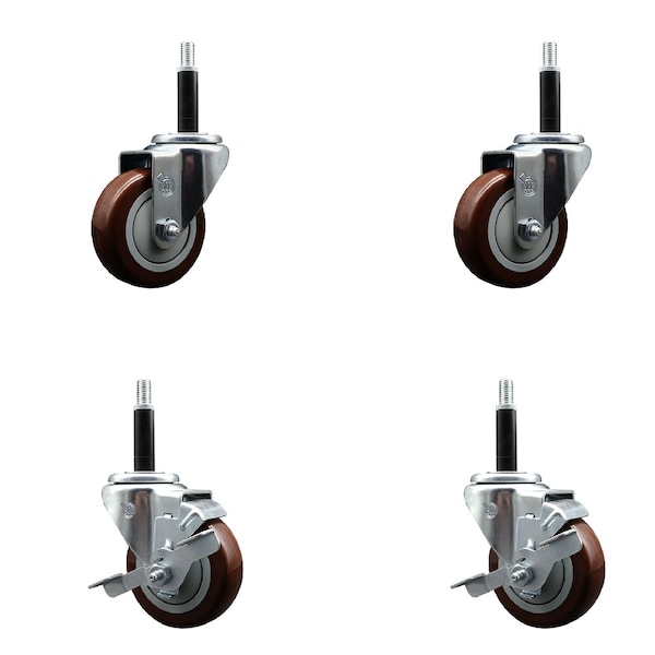 Service Caster 3.5'' SS Maroon Poly Wheel Swivel 3/4'' Expanding Stem Caster Set 2 Brakes, 4PK SCC-SSEX20S3514-PPUB-MRN-2-TLB-2-34 - main
